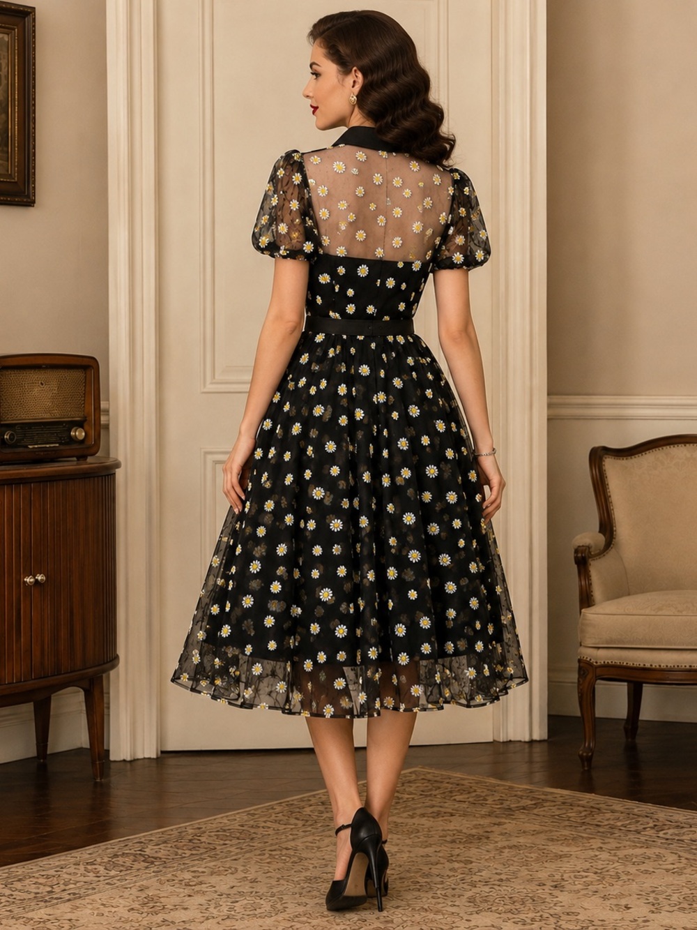 UNIQUE VINTAGE Rare Daisy Embroidered Sheer Retro Fit & Flare Dress NWT, Size M - Picture 2 of 8